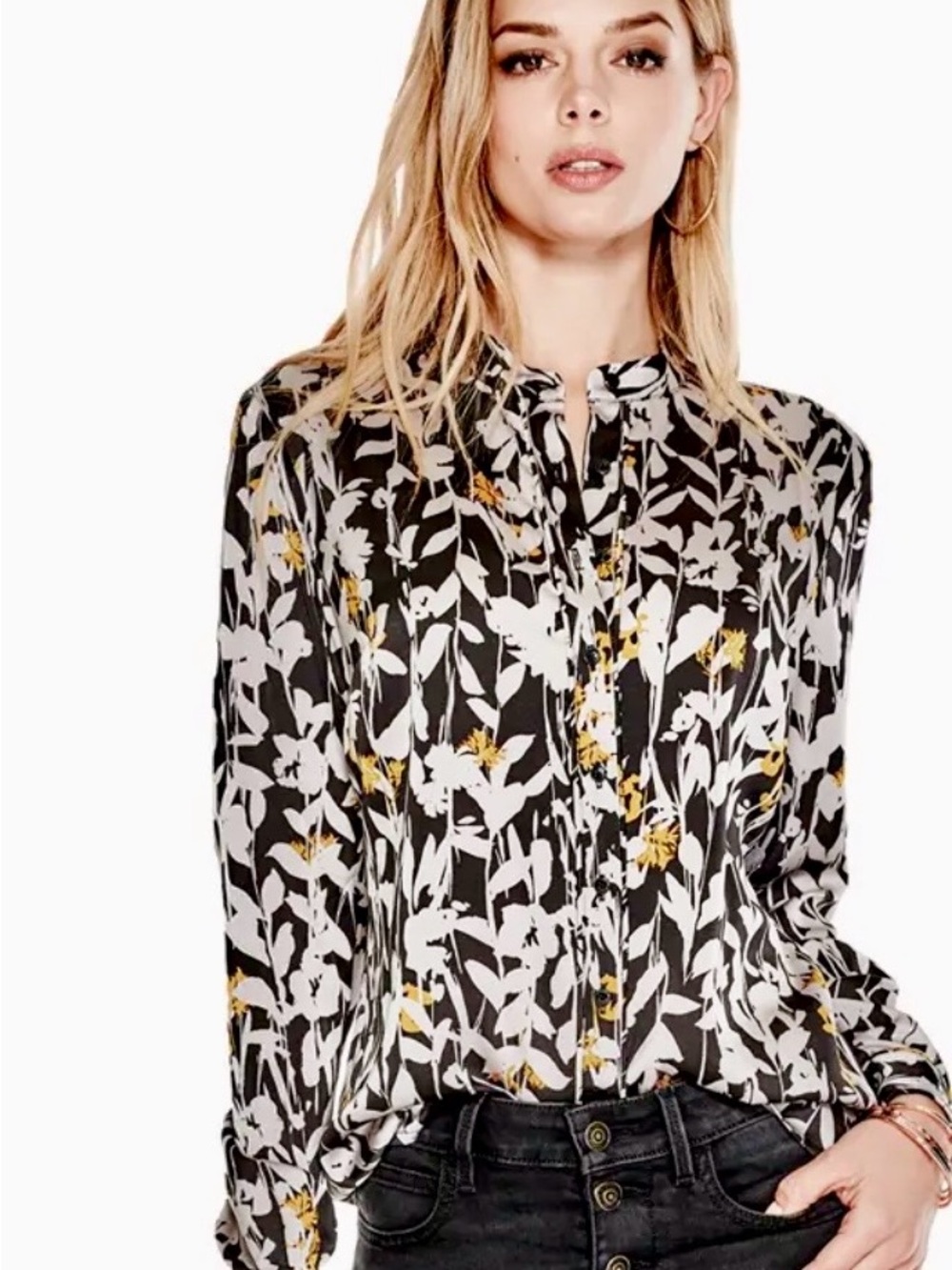 GUESS black white and yellow Floral Silk Blouse